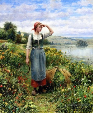 Une paysanne des champs de fleurs Daniel Ridgway Knight Peinture à l'huile
